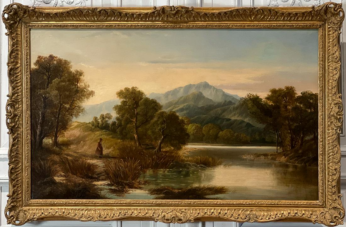 Eugene Leslie Smythe, American, 1857-1932, Painting: Summer Landscape With Girl At A Pond, Oil On Canvas, Signed Lower Right, 30 X 50, Carved Gilt Wood Frame, 37 X 57 X 3 Inches. See Photos For Condition.