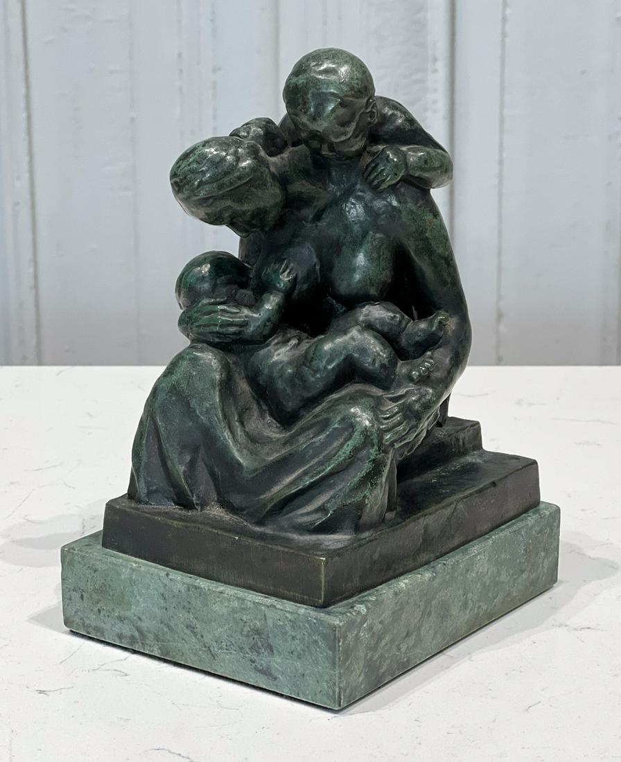 Emile Antoine Bourdelle, French, 1861-1929, Bronze Sculpture: Nursing Mother And Children, Bronze Cast Signature With Six Point Star On Back Plinth 7 X 4 X 5 Inches, On Green Marble Plinth Height 8 Inches. See Photos For Condition.