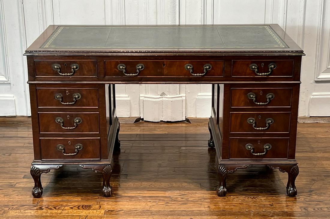 Chippendale Style Mahogany Kneehole Desk: English, Late 19th Century, Inset Green Leather Top, Four Frieze Drawers, Two Pedestals Each With Three Drawers, Cabriole Legs, Ball & Claw Feet, Height 30, Width 54, Depth 30 Inches. See Photos For A
