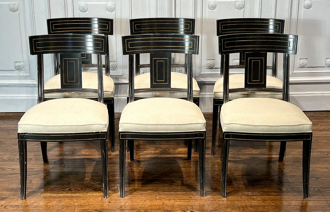 Six Alfonso Marina Milos Side Chairs: 21st Century, Each Of Empire Klismos Form With Gilt Incising And Cream Raw Silk Upholstered Seats, Height 35, Width 21, Depth 20, Seat Height 18.25 Inches, All Structurally Sound With Chips And Rubbin