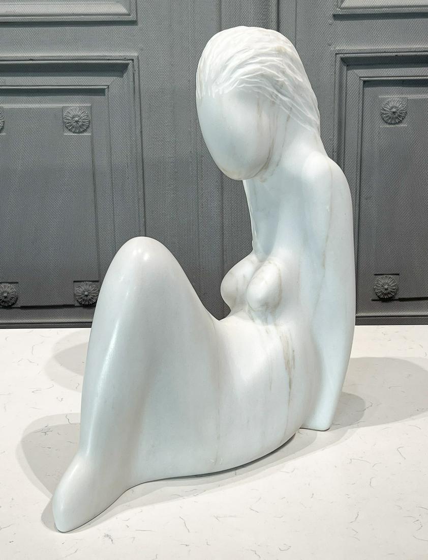 Modern Carrara Marble Female Nude Sculpture: 20th Or 21st Century, Seated Pose, Carved In An Abstract Style, 20 X 17 X 7 Inches. See Photos For Condition.