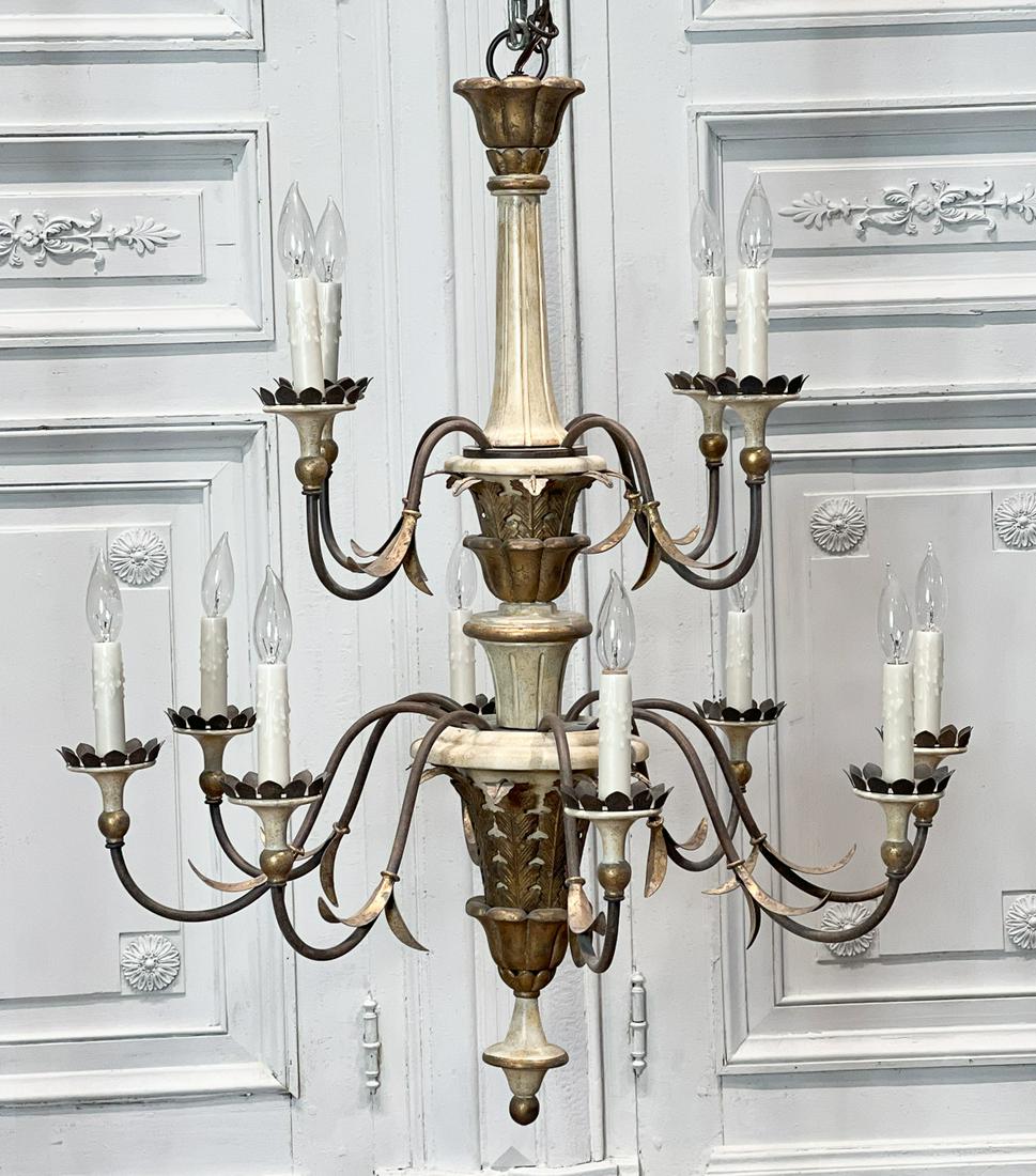 French Style Painted Chandelier: 12-Light Wood And Tole Chandelier. 36h X 33w. Electrification Present, But Function Not Guaranteed. See Photos For Additional Condition Information.