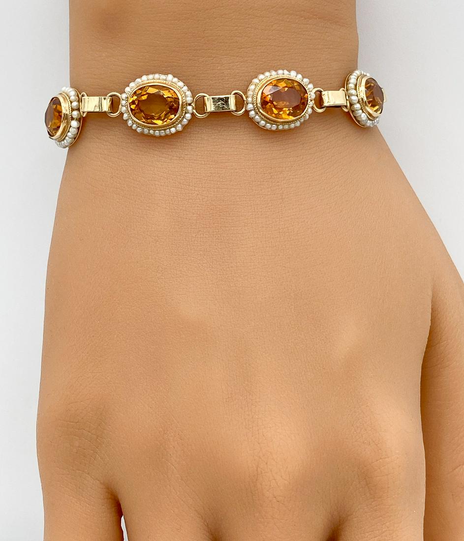 Citrine And Seed Pearl Bracelet, 14k: Lilnks Of Citrines Surrounded By Seed Pearls In 14k Gold. 7 Inches Long X .5 Inches Wide, Stamped 14k With Safety Chain. 15.7g Tw. See Photos For Additional Condition Information. Jewelry Must Be Paid