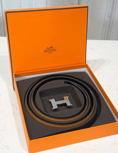 Hermes Constance Belt 65: Brown/Black Togo/Box Calf Leather With Silver Tone Hardware. Size 65. Includes Box. Slight Microscratching As Evident In Photos.