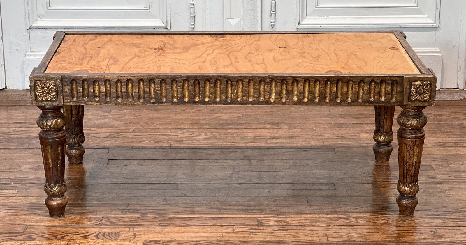 Louis XVI Style Giltwood Bench: 20th Century, Blocked And Fluted Rail, Tapering Fluted Legs, Height 18, Width 46, Depth 23 Inches, Structurally Sound. Distressed Surface. Lacks Cushion. See Photos For Additional Condition Informatio