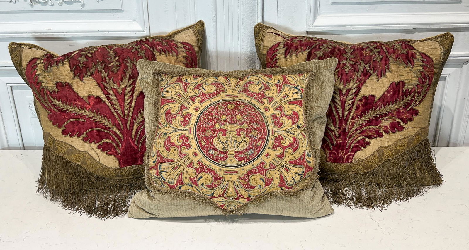 Three Spanish Antique Tapestry Throw Pillows: 18th Century, Cut Velvet Fragments With Metallic Fringe And Later Velvet Pillow Covers, 20 X 24 Inches, Mostly Clean With Minor Fading And Thread Loss To Antique Elements. See Photos For Additional Co