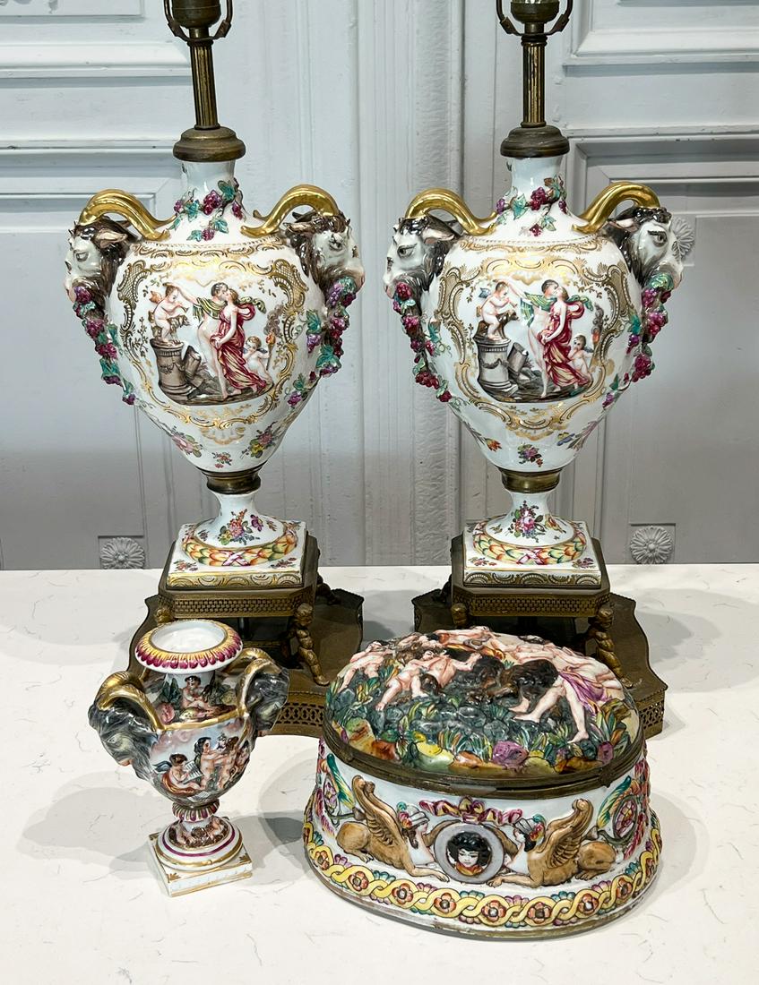 Pair Capo Di Monte Style Urn Table Lamps: 20th Century, With Large Box And Small Urn, All With Bacchus Theme With Wine And Goats, 4 Items, Lamp Urn Height 14, Overall Height 35 Inches, Box Width 12 Inches, Small Urn 7 Inches. See Photos For C