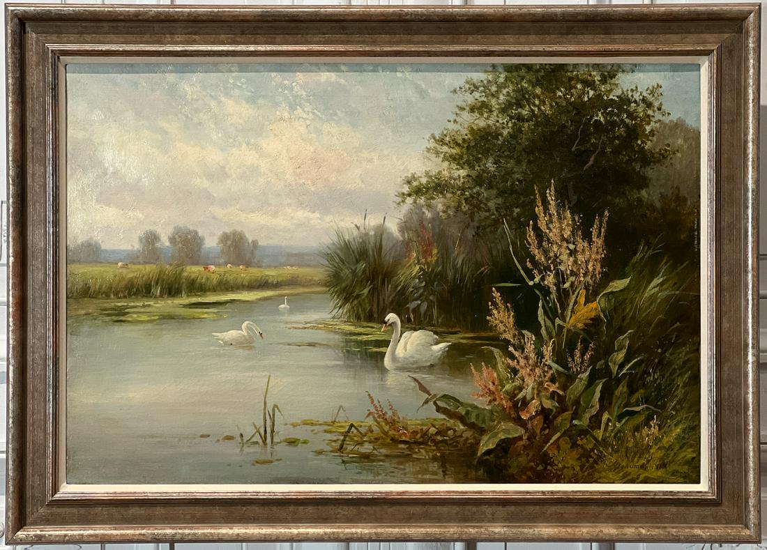 James Aumonier, British, 1832-1911, Painting: Swans On A Pond, 1886, Oil On Canvas, Signed And Dated Lower Right, 20 X 30 Inches, 26 X 36 X 2 Inches. See Photos For Condition.