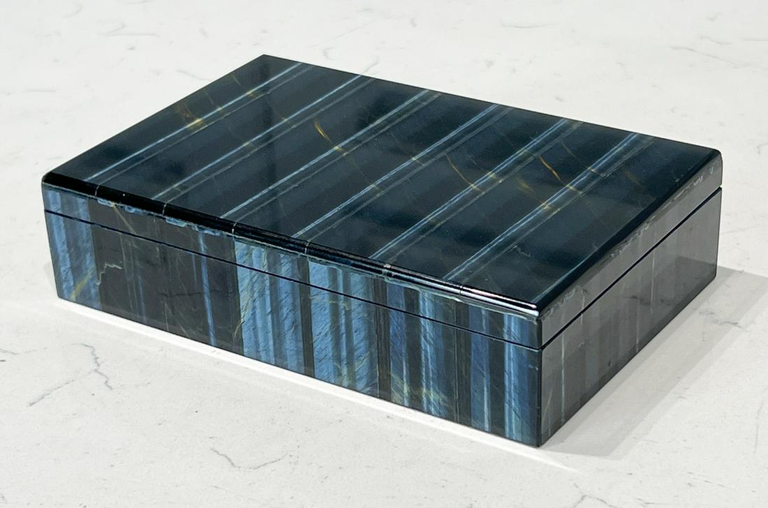South African Chatoyancy Cat's Eye Lapidary Box: 20th Century, White Carrara Marble Interior, Rectangular Form, Height 1.5, Width 6, Depth 4 Inches. See Photos For Additional Condition Information.