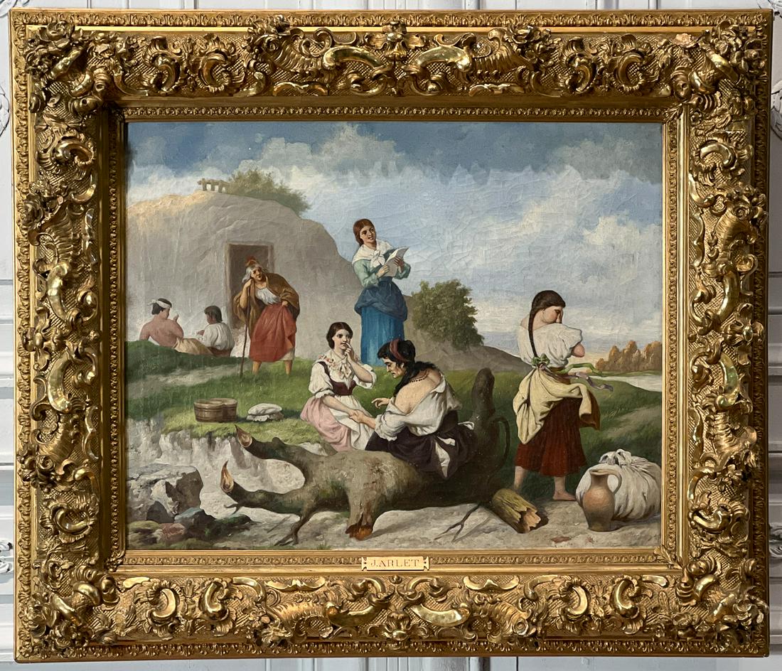 Italian Women At A Wine Cellar Painting, Arlet: Continental School, 19th Century, Italian Women At A Wine Cellar, Oil On Canvas, Signed J. Arlet Period Giltwood Frame. 37.5w X 32h X 5d Inches, Losses And Repairs To Frame. See Photos For Condition.