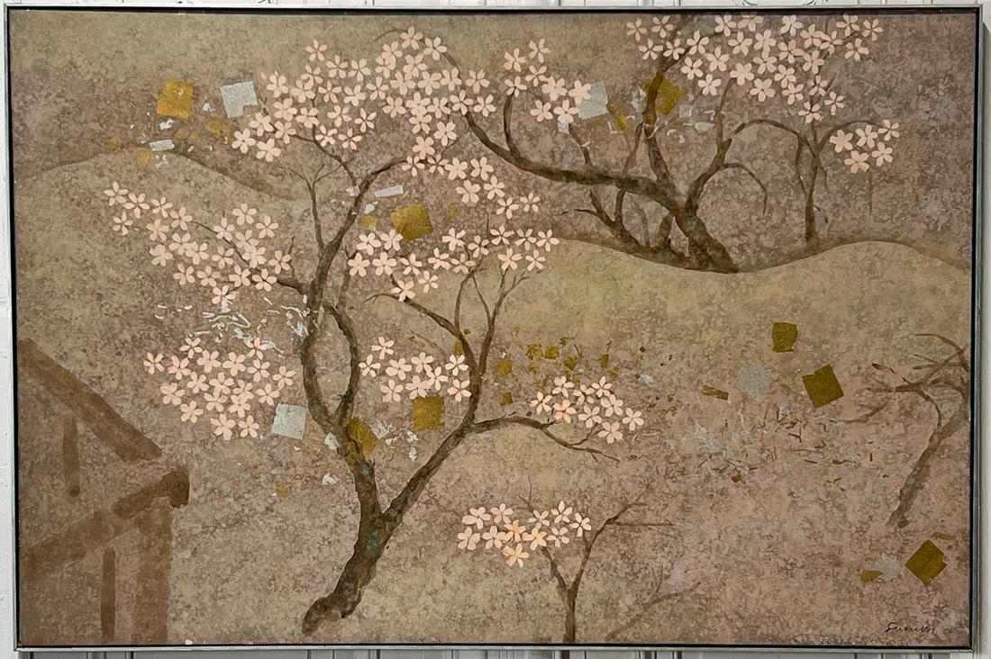 Japanese American School, Mid-20th Century, Painting: Cherry Blossom Branches In A Landscape, Oil And Mixed Media On Canvas, Signed Suzuki, 48.5 X 72.5 1.5 Inches. See Photos For Condition.