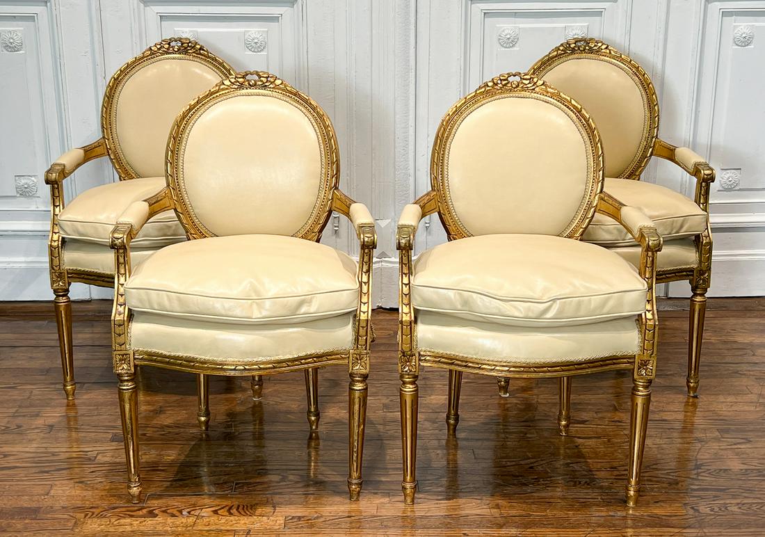 Four Louis XVI Style Leather And Giltwood Fauteuils (1 of 12)