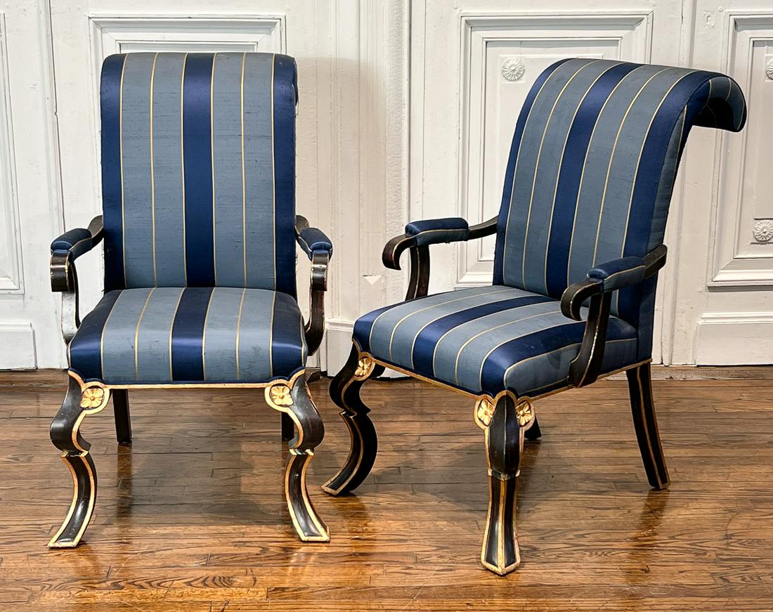 Pair Rose Tarlow Fauteuil Armchairs: 20th Century, Each With Back And Gilt Paint, Blue Stripe Silk Upholstery, Large Scrolled Crest, Scroll Arms, Rosette Carved Cabriole Legs, Height 41, Width 26, Depth 37 Inches, Structurally Sound, Uph