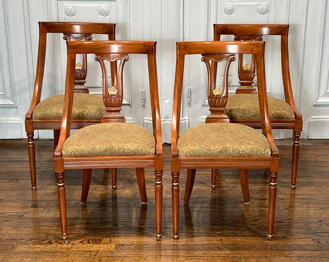 Four Empire Style Gondola Dining Chairs: 21st Century, Each Carved Beechwood With Lyre Splat, Horseshoe Drop In Seats With Gold Upholstery. Each 36h X 20.5w X 21.5d Inches, See Photos For Condition.
