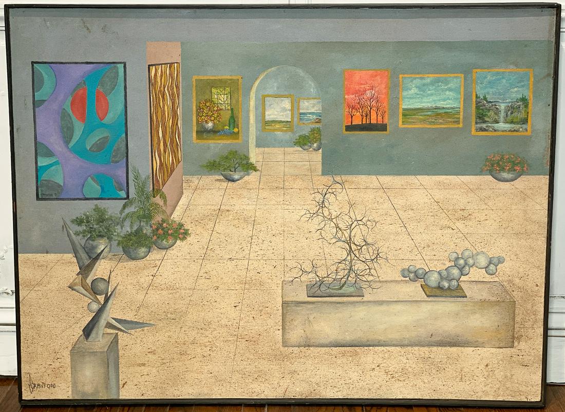Mid-Century Modern Art Gallery Interior Painting: Modern Art Gallery Scene Showcasing A Variety Of Art And Sculpture From Different Periods. Oil On Masonite, Signed JV Crawford Lower Left, Black Slat Frame. 37 X 49 X 2 Inches Some Losses As Shown In