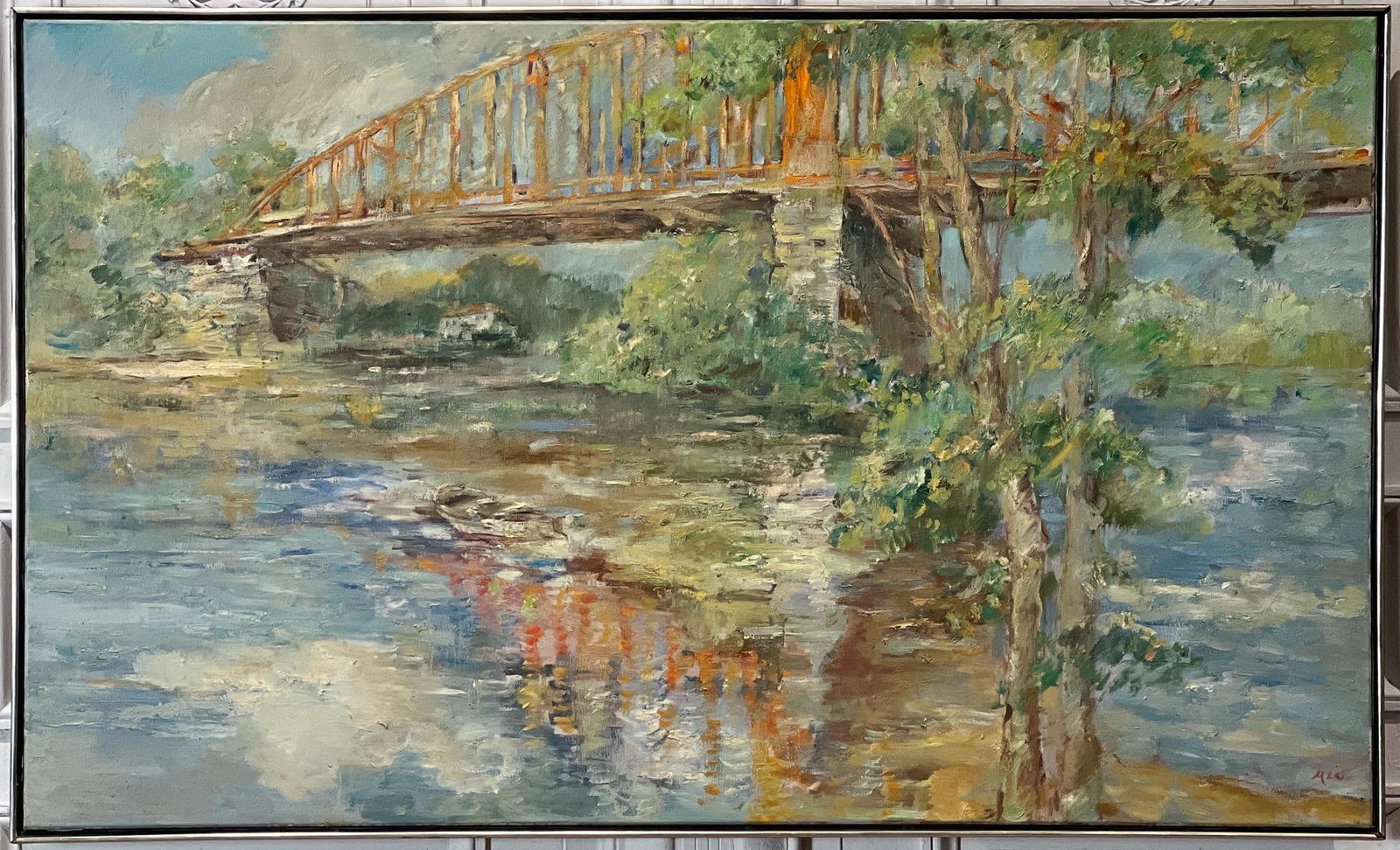 River And Bridge Large Oil On Canvas Painting (1 of 8)