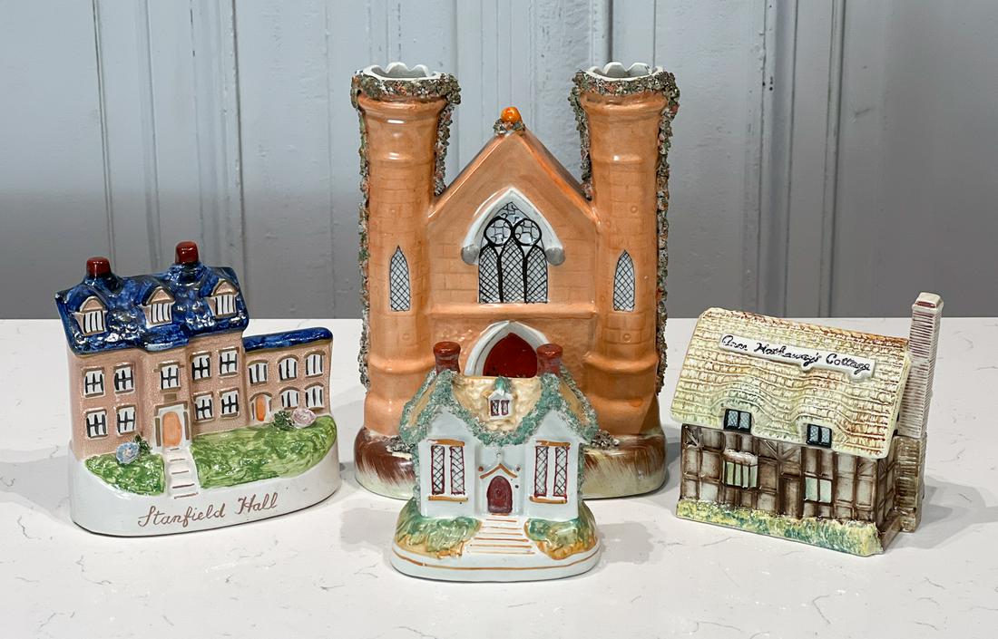 English Staffordshire Pottery Cottages & Church: 19th And 20th Century, Comprising Gothic Church Facade C.1860, A Cottages With Bocage, Stanfield Hall And Anne Hathaway's Cottage, Church 9.5 X 6.5 X 2 Inches, All With Crazing And Craquelure Hairline