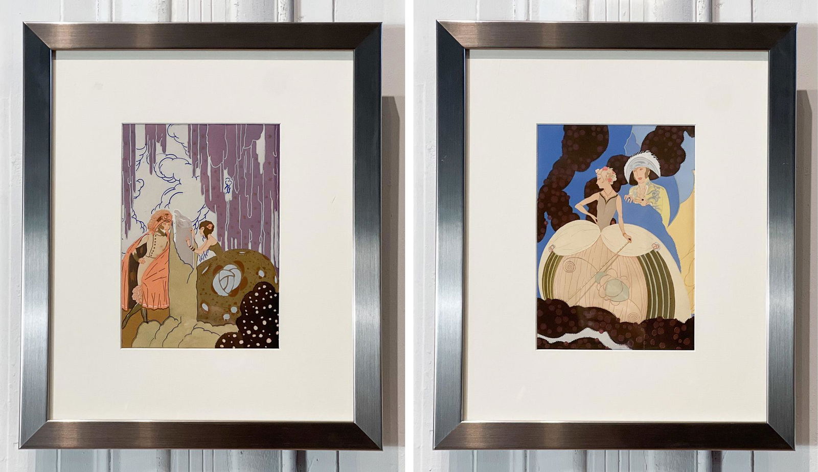 Pair Art Deco Pochoir Prints: Possibly George Barbier, French, Circa 1930, Each Of Costumed Couples With Metallic Silver And Gold Paint, Image 10 X 7.25, Matted In Later Metal Frames, 19 X 16 X 0.5 Inches, Toned And Scattered Foxi