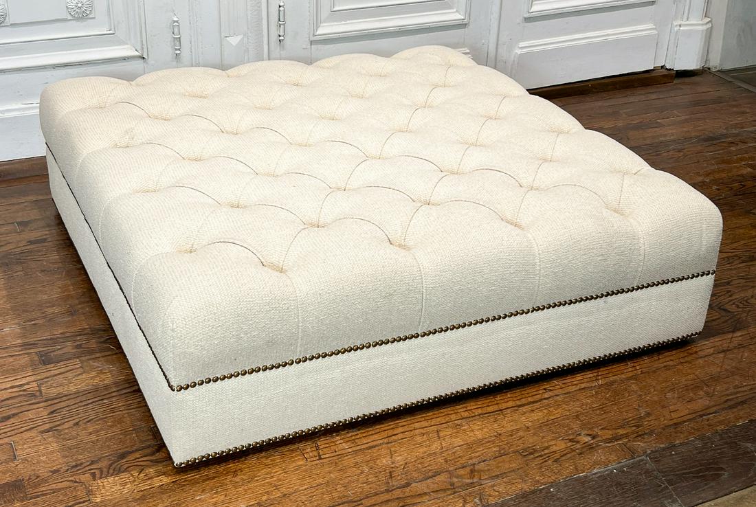 Large Cream Upholstered Ottomon: 21st Century, Button Tufted Boucle Upholstery With Nailhead Trim, Casters Underside, Height 12, Width 48, Depth 48 Inches, Structurally Sound, Few Signs Of Wear. See Photos For Additional Condition In