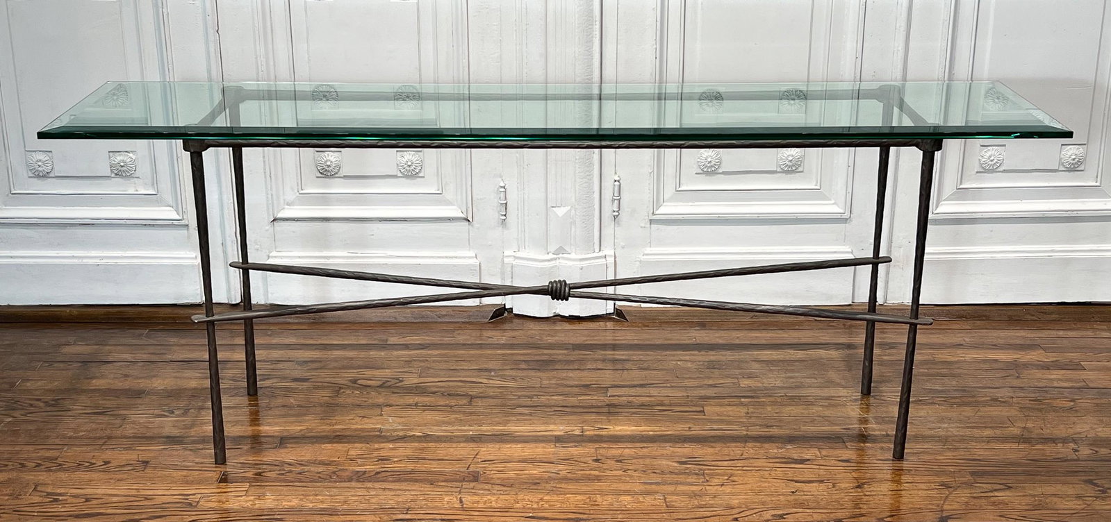 Glass And Iron Console Table: Beveled Glass Atop Iron X-Form Stretcher Base. See Photos For Condition.31 1/4h X 84w X 20d.