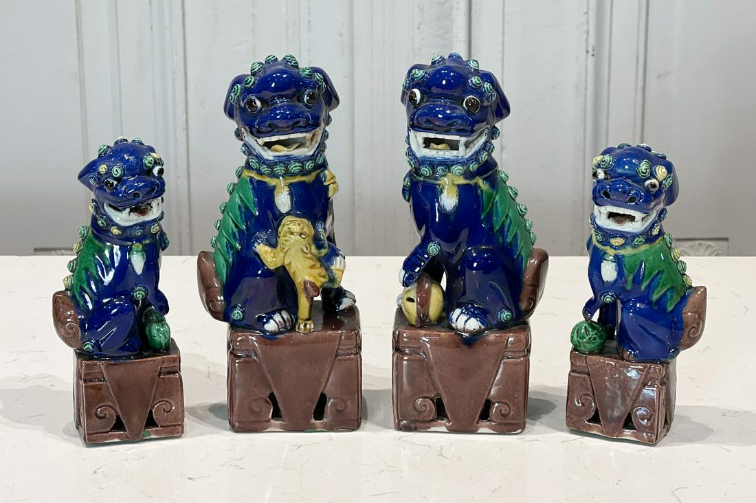 Four Sancai Earthenware Foo Dog Figures: Chinese, 20th Century, Largest, 8 X 3 X 2 Inches, Some Putty Residue To Bottoms. One Missing Tooth, See Photos.