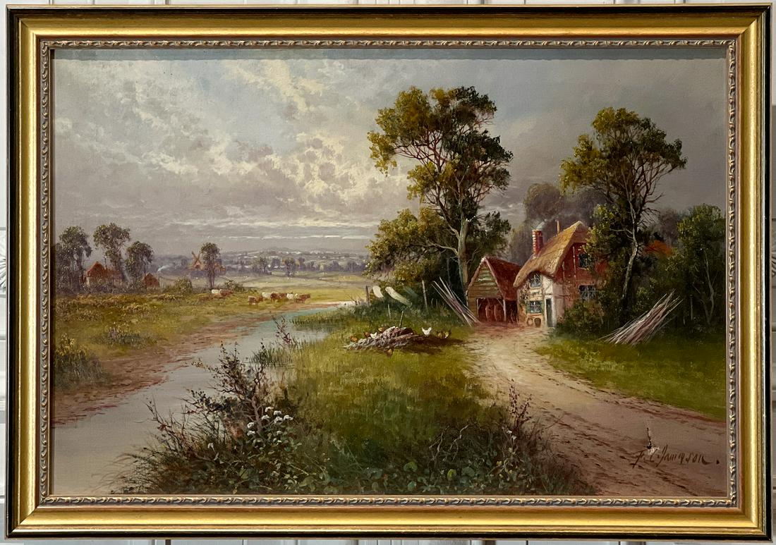 Francis E Jamieson, British, 19th Century, Painting: Scottish Landscape With Cottage, Oil On Canvas, Signed Lower Right, 20 X 30 Inches, Giltwood Frame, 24 X 33.5 X 2 Inches, Puncture Lower Right, See Photos.