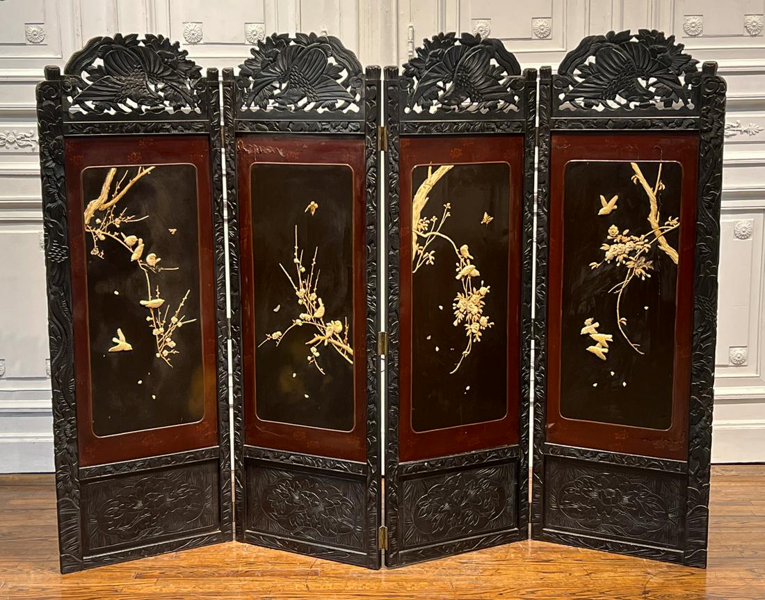 Meiji Lacquer And Bone Floor Screen: Japanese, Early 20th Century, Carved Wood Crests, Panels Each 66 X 23 X 1 Inch, Total Width 52 Inches, Previous Repairs. See Photos For Additional Condition Information.