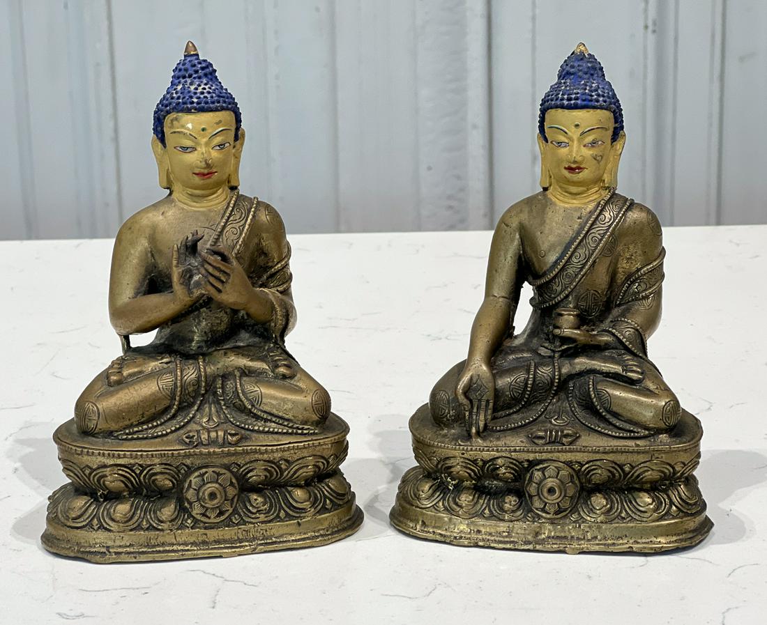 Pair Enameled Bronze Seated Buddha Figures (1 of 9)