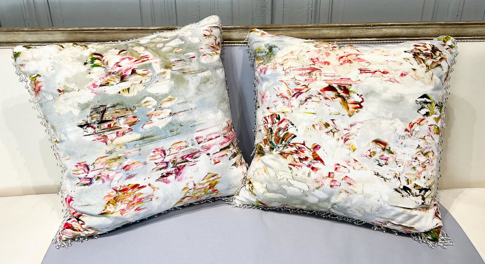 Two Laura Park Velveteen Pillows: A Pair With Beaded Trim. 20 X 20. See Photos For Very Few Signs Of Use, If Any.