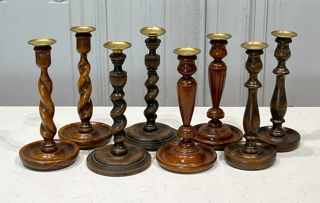 Eight Edwardian Wood And Brass Candlesticks (1 of 4)