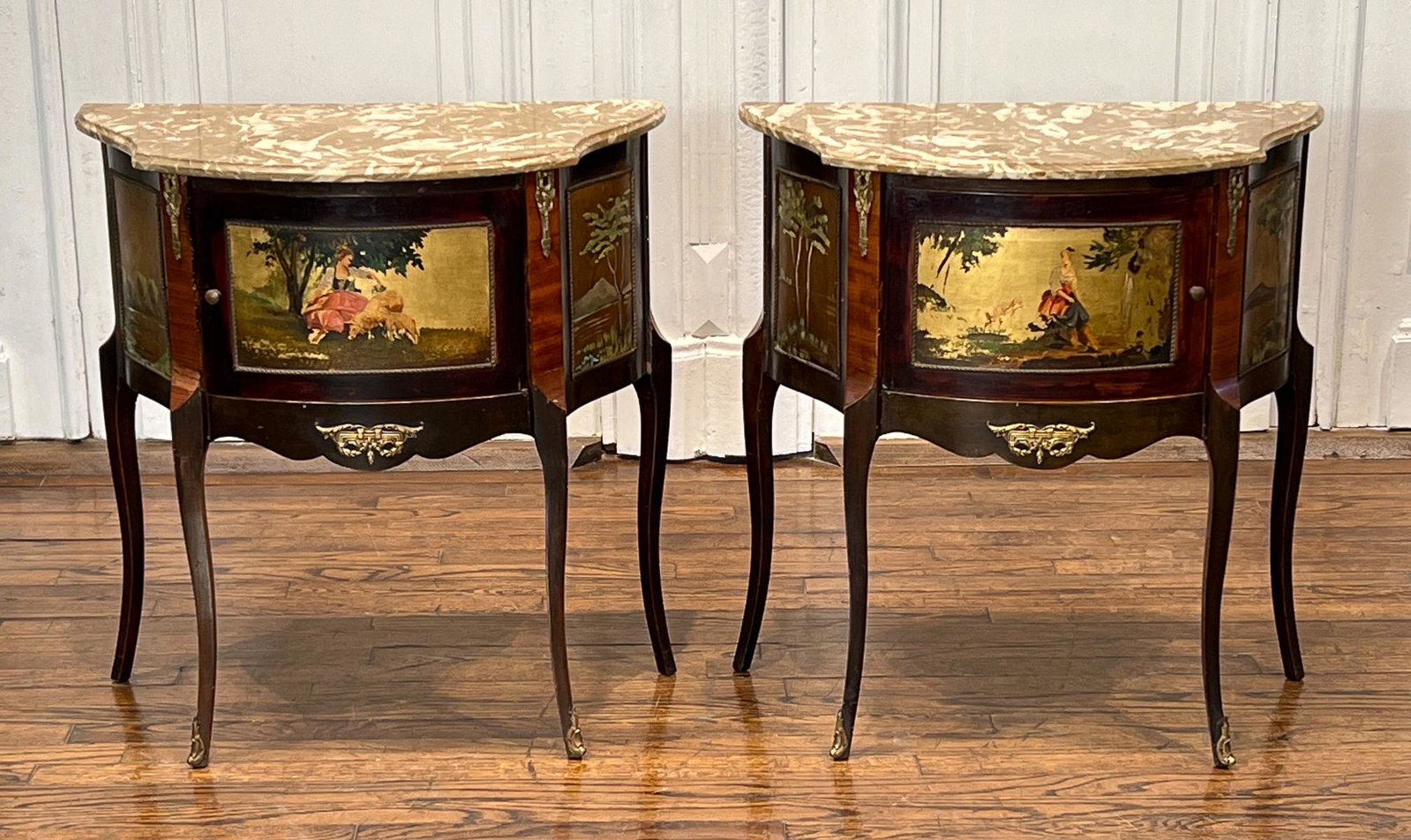 Pair Of Vernis Martin Style Side Cabinets: 20th Century, Each With Having Marble Tops, 28h X 26.5w X 13.25d Inches, Loss To Paint And Finish Commensurate With Age. See Photos.
