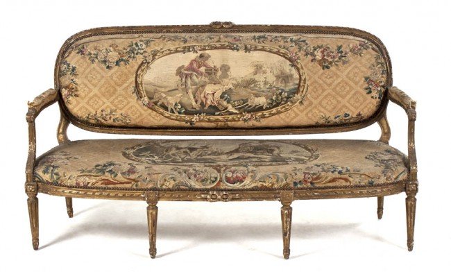 Antique French Louis XVI style giltwood settee: Measurements: 70w x 37h x 27d