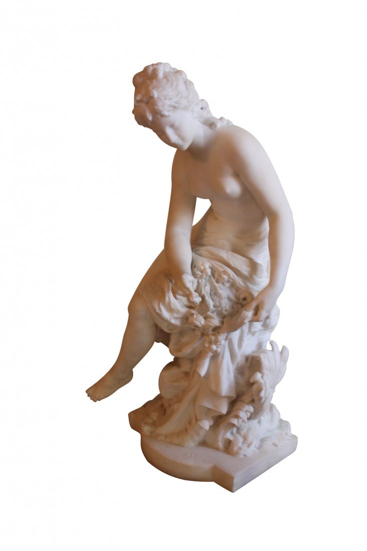 19th c. French White Marble Sculpture of Nude Lady: signed "M. Moreau". (old repair to one finger) Measurements: 31"h