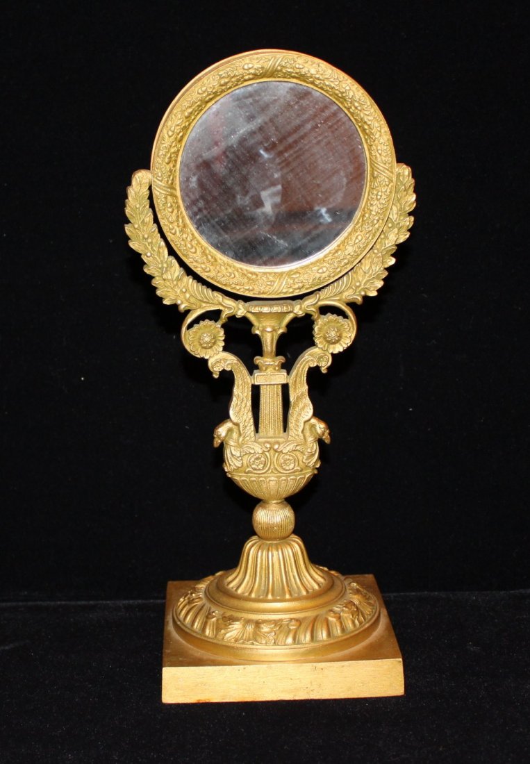 Antique French Bronze Vanity Mirror: Measurements: 12.25"h. 4.5 inch base