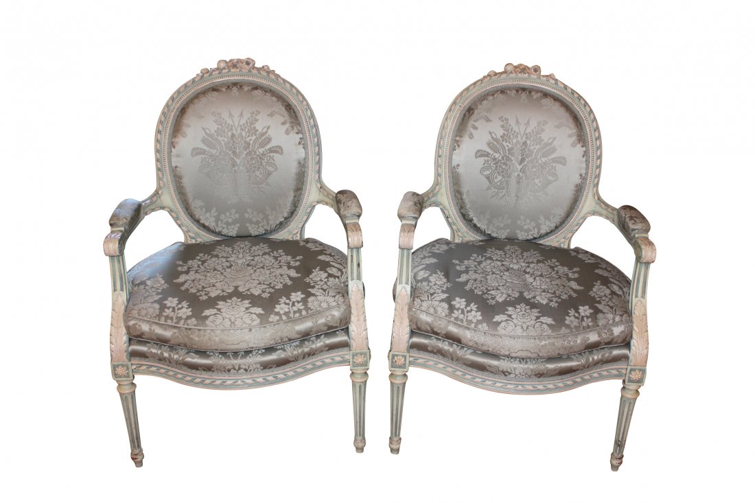 Pair of French Louis XVI Lacquered Armchairs: upholstered in silk damask. 19th c. Measurements: 37h x 24w