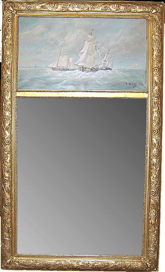 French Giltwood Ship Scene Trumeau, signed: (early 20th c.) Measurements: 34w x 57h