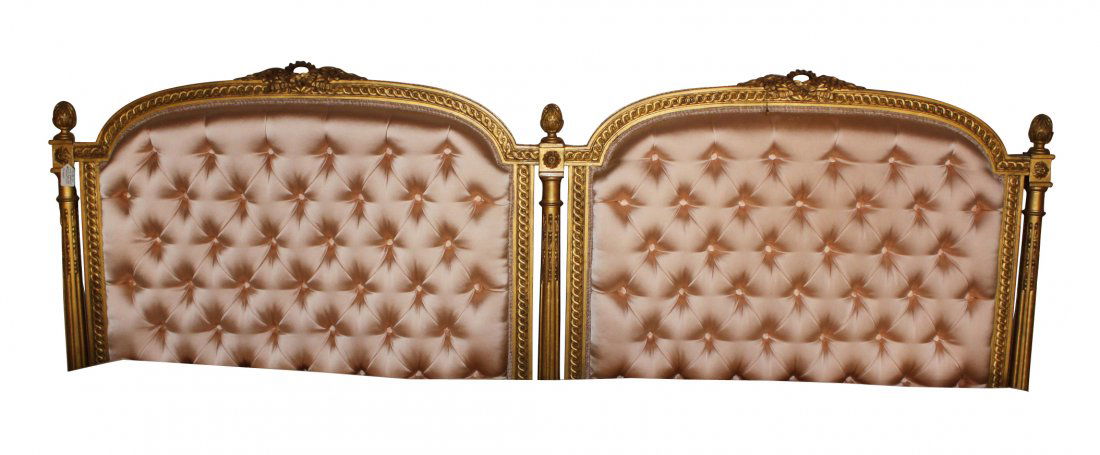 Antique French Louis XVI Giltwood Headboard: King Size w/ Silk Tufted Inserts Measurements: 76w x 47h