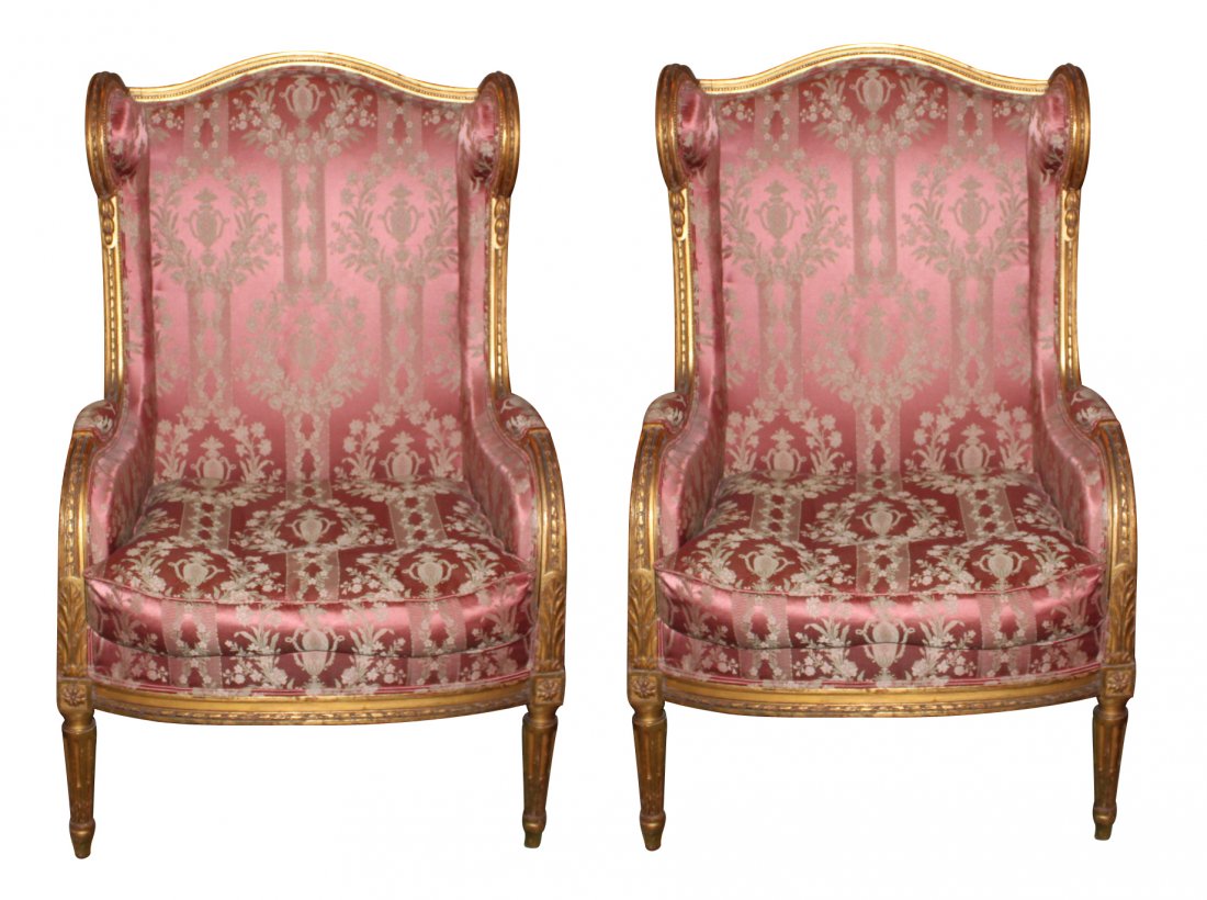 Pair of 19th c. French Louis XVI Giltwood Bergeres: upholstered in silk. Measurements: 27w x 45h
