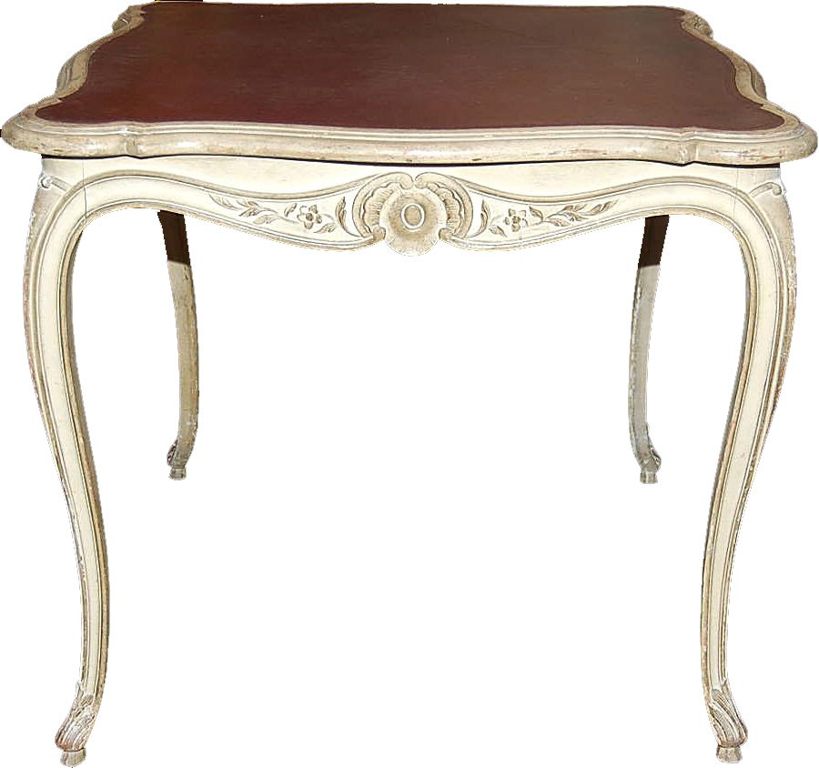 French Louis XV Style Carved & Painted Games Table: w/ Leather Top (early 20th c.) Measurements: 32 x 32 x 29h