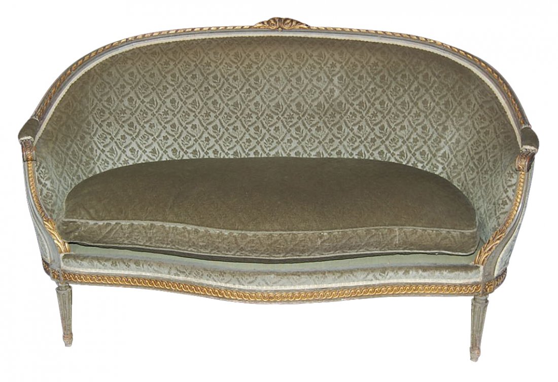 Antique French Louis XVI Settee: Nicely Carved and Parcel Gilt (19th c.) Measurements: 64w x 37h x 34d