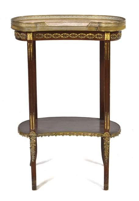 French Louis XVI Style Mahogany Side Table: Gilt Bronze Mounted with Marble Top. Measurements: 21.5w x 13d x 32h