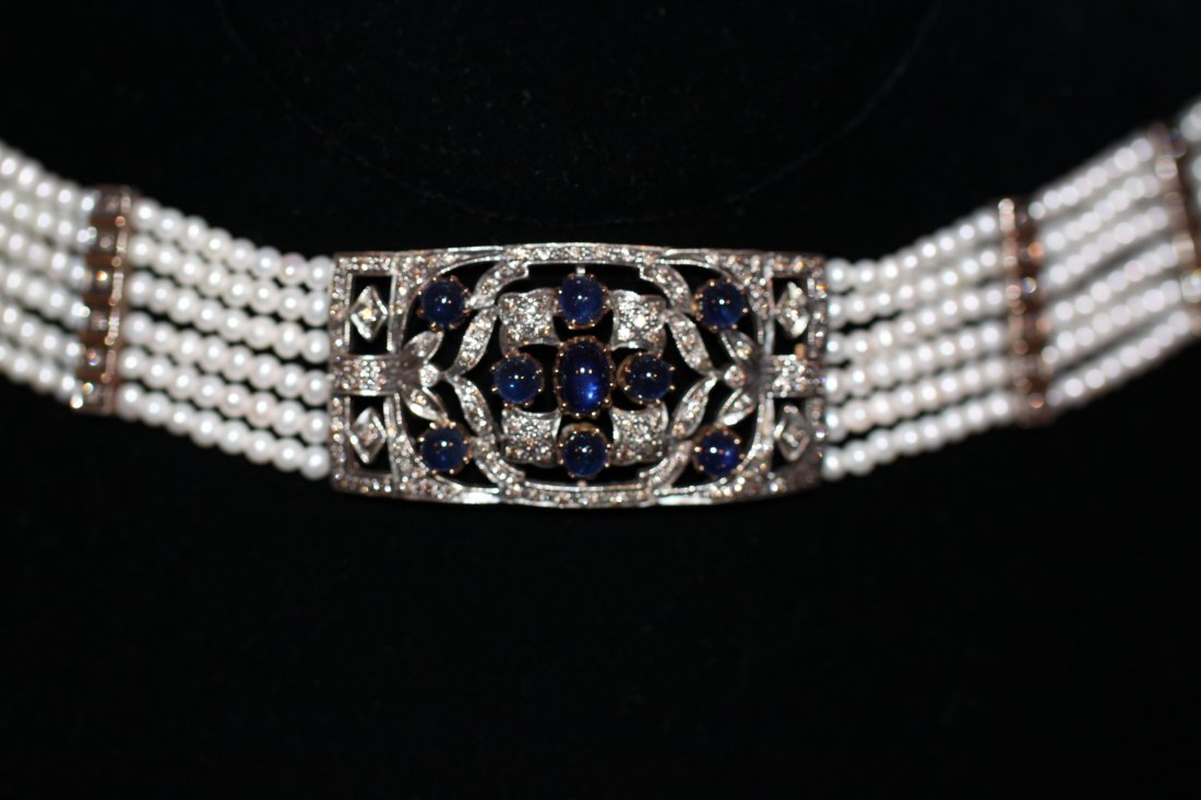 18k White & Gold Pearl Choker: w/ 5.75 CT Blue Sapphires & 2.21 CT Diamonds