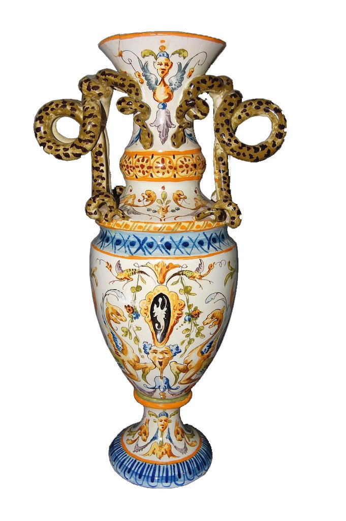 Antique Italian Faience Double Handle Vase: Measurements: 18"h