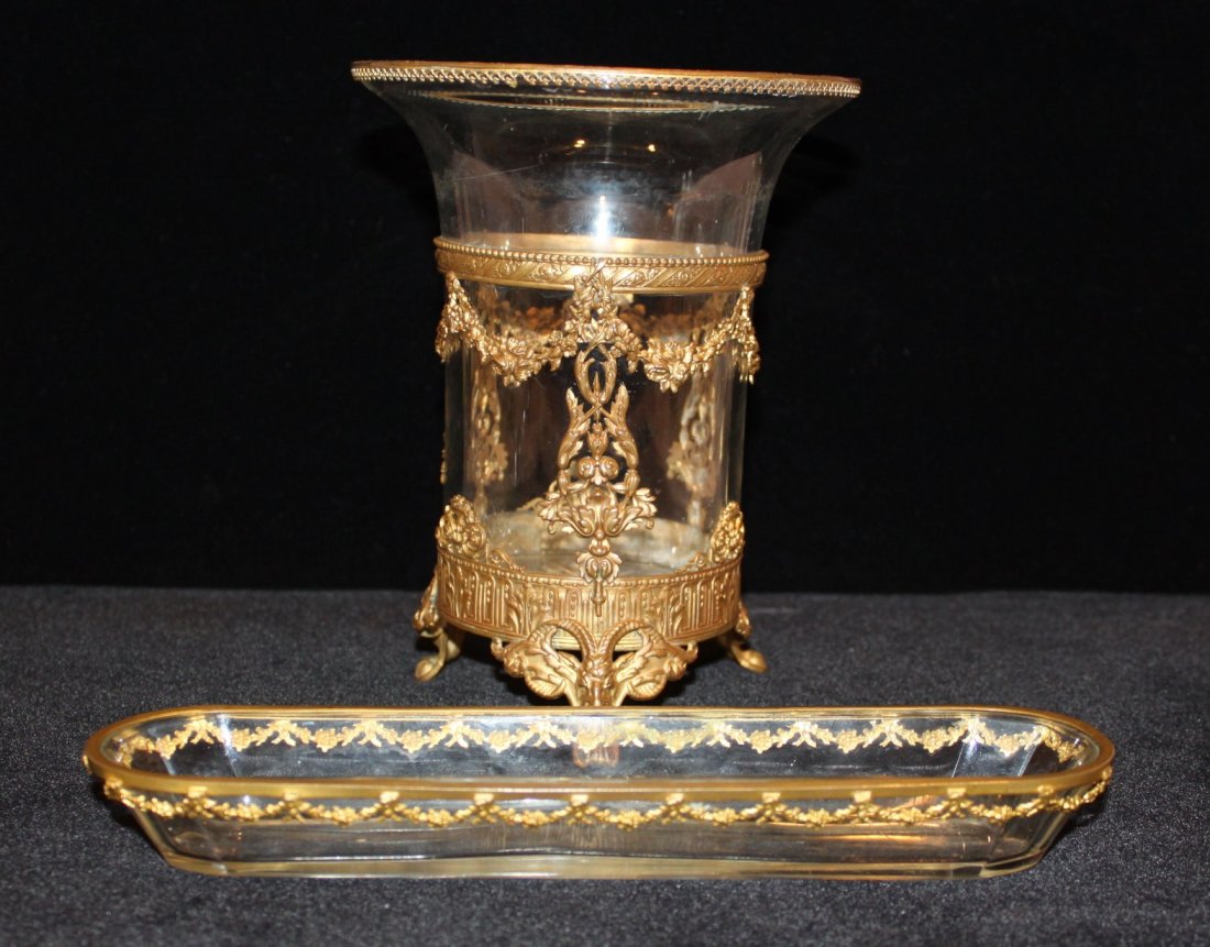 Gilt Brass Overlay Vase and Asparagus Dish: 19th c. Measurements: Vase - 7"H & Dish - 9"L