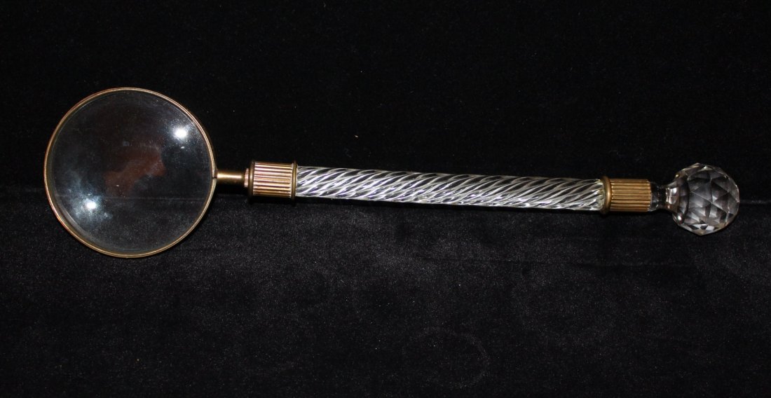 French Etched Bronze and Crystal Magnifying Glass: 15 1/2"