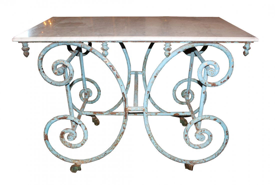 French Antique Baker's Table, 19th c.: with white marble. 47w x 28d x 33h