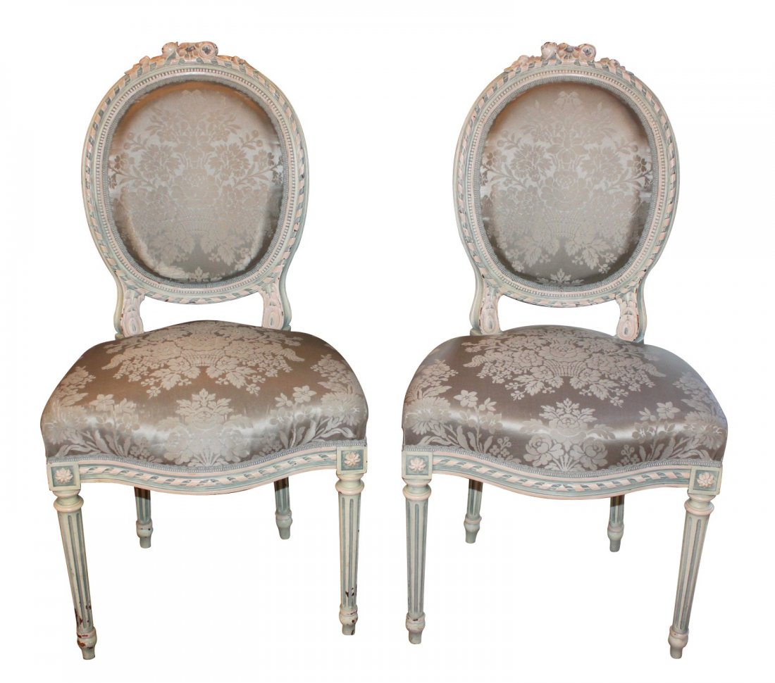 French Louis XVI Lacquered Side Chairs: Upholstered in silk damask. 19th c. 36H"