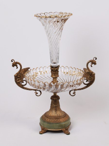 French Gilt Bronze & Baccarat Crystal Centerpiece: with Onyx. Measurements: 23h x 16 dia.