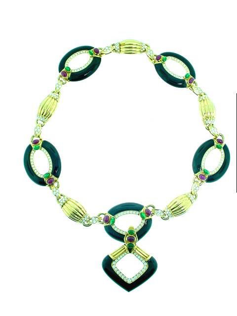 18k onyx necklace with rubies, diamonds & emeralds: In the style of David Webb