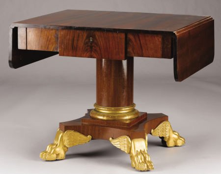 French Empire Mahogany Drop Leaf Sofa Table: 19th c. Measurements: 30h x 36.5w x 28d. Extends to 54w